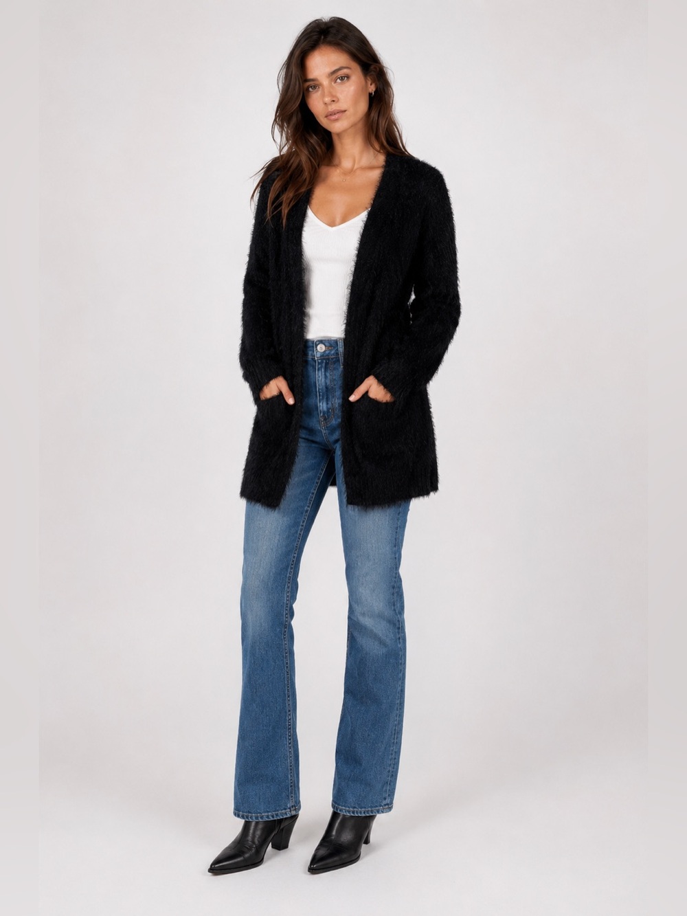 Sanctuary Black Eyelash Knit Open Front Cardigan Sweater Cozy Soft Women’s M
